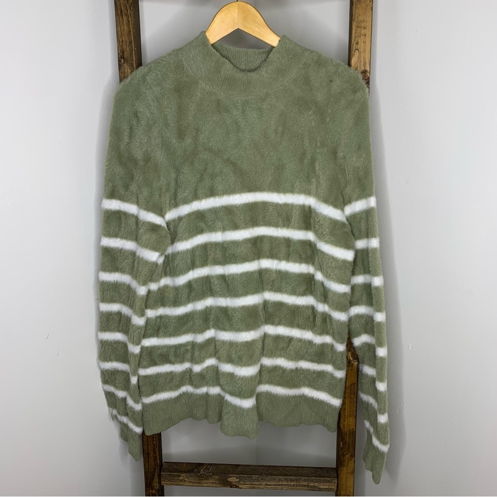 Bailey 44 Olive and White Striped Crewneck Sweater Size L
